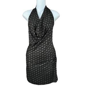 ONANYA Black Gold Circle Life Print Cowl Neck Tunic Dress Festival Sz Small